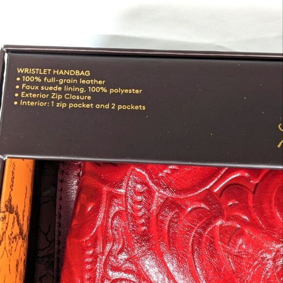 New in Box Patricia Nash Red Floral Tooled Leather Folding Clutch or Wristlet. - Picture 4 of 10